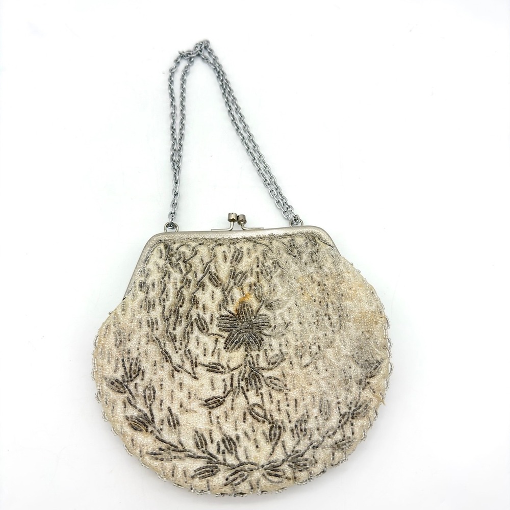 Vtg Evening Bag Floral White Silver Glass Beaded Purse Clutch Hong Hong